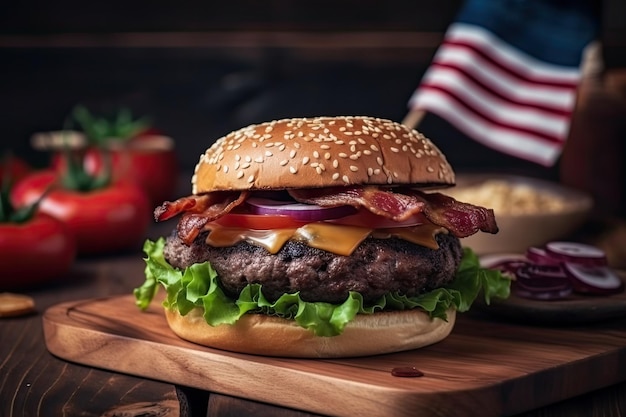 Deliciosa hamburguesa de ternera en tablero de madera con bandera americana en concepto patriótico de fondo ai