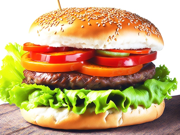 Deliciosa hamburguesa con ternera y verduras frescas sobre un fondo negro con carne generada por IA