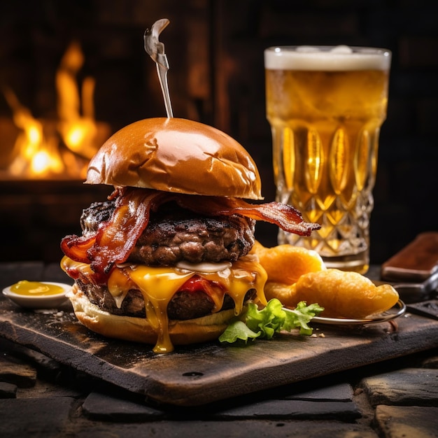 una deliciosa hamburguesa de tres carnes con tocino y queso amarillo acompañada de un vaso de whisky en el