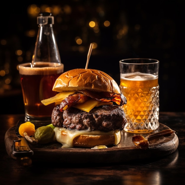 una deliciosa hamburguesa de tres carnes con tocino y queso amarillo acompañada de un vaso de whisky en el