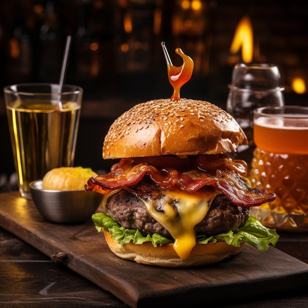 una deliciosa hamburguesa de tres carnes con tocino y queso amarillo acompañada de un vaso de whisky en el