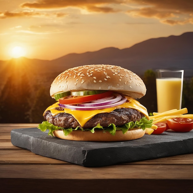 una deliciosa hamburguesa triple de carne con queso amarillo acompañada de queso on the rocks hamburguesa gruesa de res