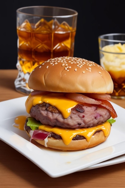 una deliciosa hamburguesa triple de carne con tocino y queso amarillo acompañada con un vaso de whisky