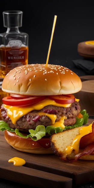 una deliciosa hamburguesa triple de carne con tocino y queso amarillo acompañada con un vaso de whisky