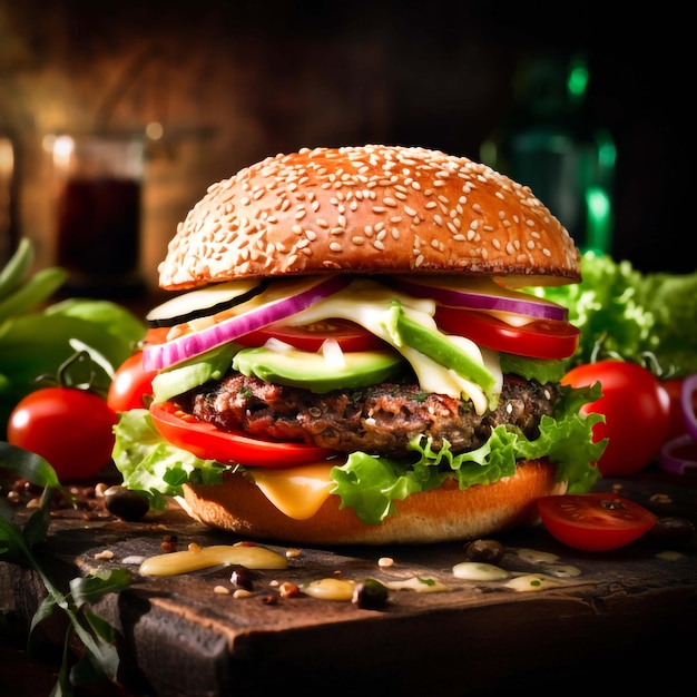 Una deliciosa hamburguesa con verduras frescas de carne sobre un fondo de madera generado por IA