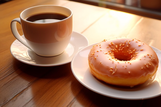 Deliciosa hermosa rosquilla y una taza de café en la mesa dulce desayuno AI generado