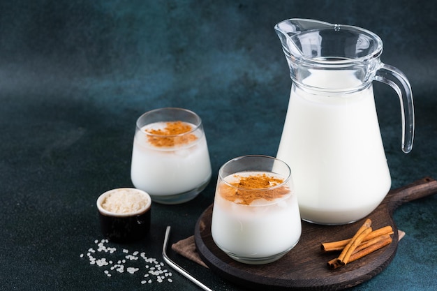 Deliciosa Horchata con canela por encima Agua de arroz Horchata valenciana hecha con leche de arroz y topping de canela Bebida mexicana Cóctel vegetariano Leche de arroz