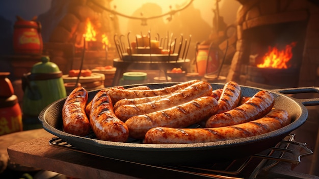 Una deliciosa ilustración de una salchicha bratwurst chisporroteante en una parrilla