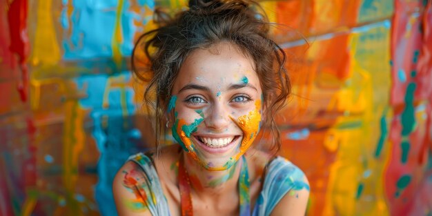 Deliciosa joven con el cabello rizado y la cara manchada con colores de pintura vibrantes sonriendo brillantemente frente a un telón de fondo colorido