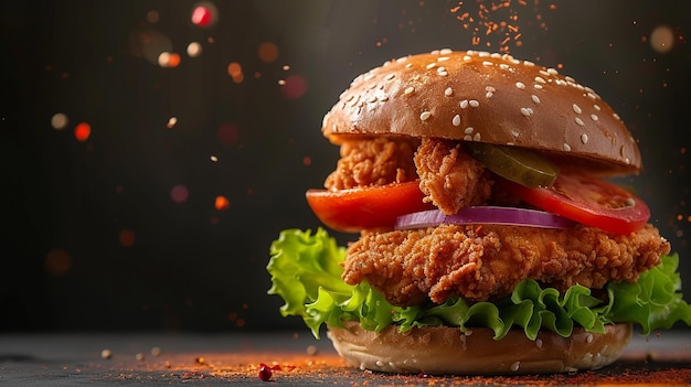 Foto una deliciosa y jugosa hamburguesa de pollo sobre un fondo oscuro