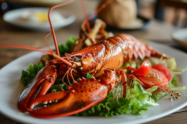 Foto deliciosa langosta de mariscos con lechuga vegetal