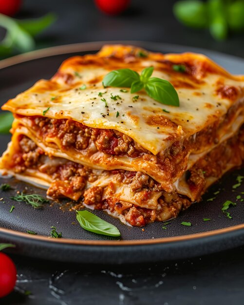 Foto deliciosa lasagna de carne en un plato gris con tomates a su alrededor.