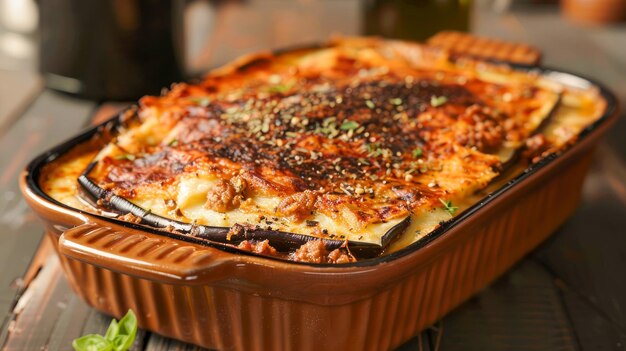 Deliciosa lasagna horneada en casa en un plato de cerámica adornada con hierbas en una mesa de madera