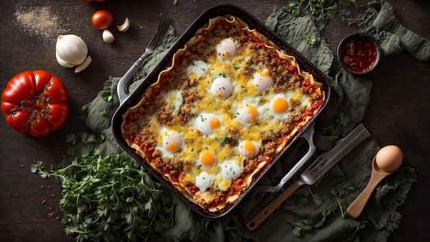 Deliciosa lasagna sobre un fondo viejo