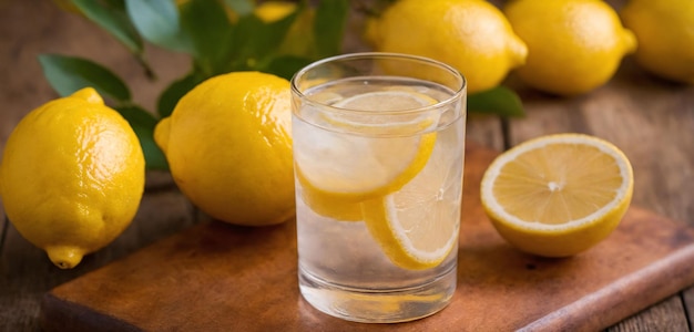 Deliciosa limonada en un vaso Limonada fresca en un vas o en una mesa con limones y menta