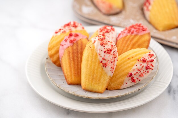 Deliciosa magdalena bañada en chocolate casero con trozos de frutos secos en el cuadro blanco