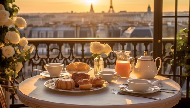 Deliciosa mesa de café da manhã francesa em uma varanda à luz do sol da manhã Bela torre eiffel