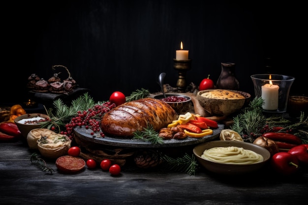 Deliciosa mesa de jantar temática de Natal com aperitivos e sobremesas Conceito de férias