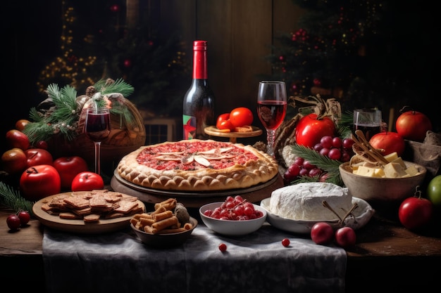 Deliciosa mesa navideña con aperitivos y postres para hornear vino Concepto navideño