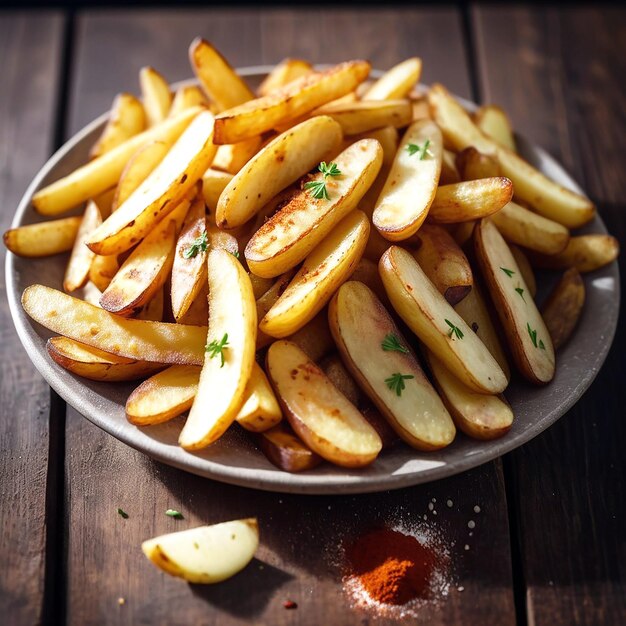 Deliciosa mistura de frituras francesas com pó frio em mesa de madeira