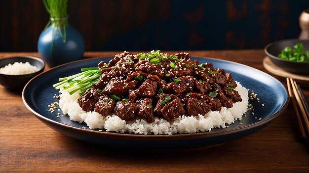 Foto una deliciosa narrativa visual con una vista lateral de un plato con carne de res mongola la mesa de madera