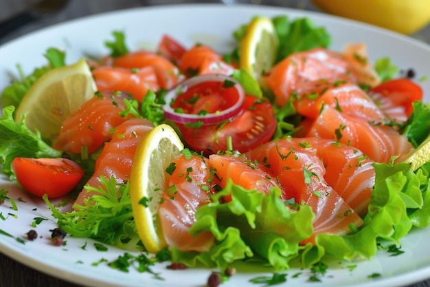 Deliciosa y nutritiva ensalada de salmón ahumado con tomate de lechuga y aderezo de limón cítrico