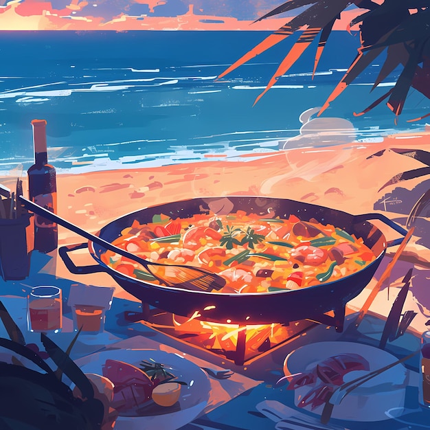 Deliciosa paella de frutos do mar na praia