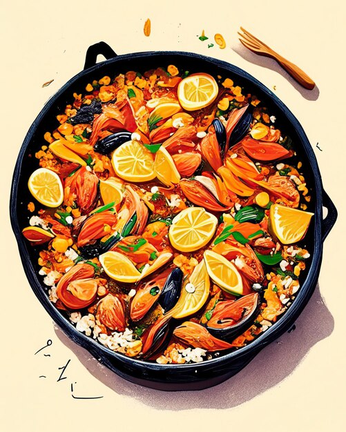 deliciosa paella vista superior con todos sus ingredientes gourmet