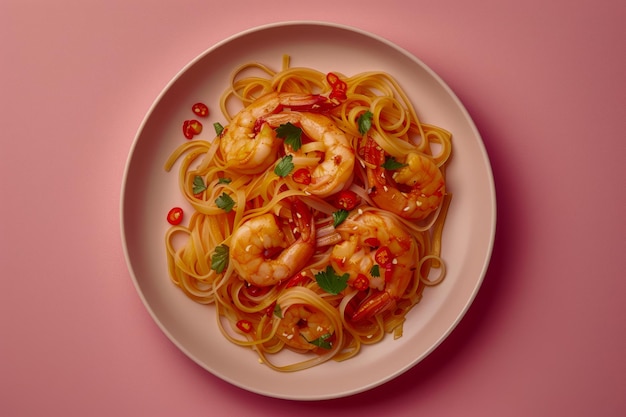 Deliciosa pasta de camarón picante en plato blanco con fondo rosado Plato de fideos de mariscos gourmet