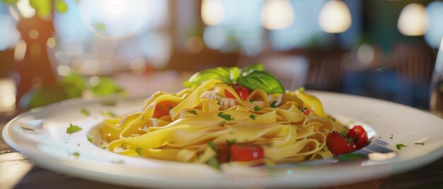 Foto deliciosa pasta de fettuccine com tomates frescos e manjericão em uma elegante mesa de restaurante
