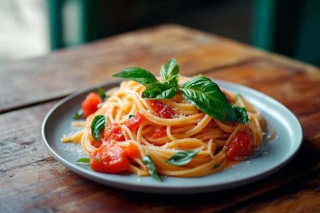 Deliciosa pasta con tomates frescos y albahaca servida en una rústica mesa de madera