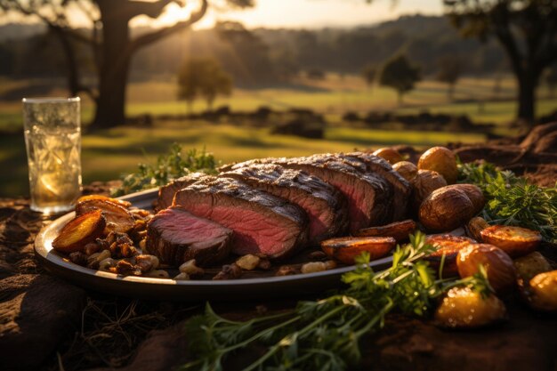 Foto deliciosa picanha grelhada em um piquenique no campo com uma toalha a quadros generativa ia