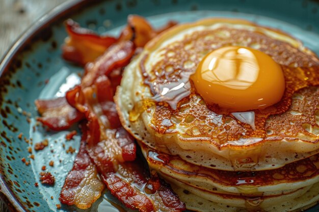 Foto deliciosa pila de panqueques con tocino crujiente y un huevo sunnysideup perfecto para el desayuno o los menús de almuerzo