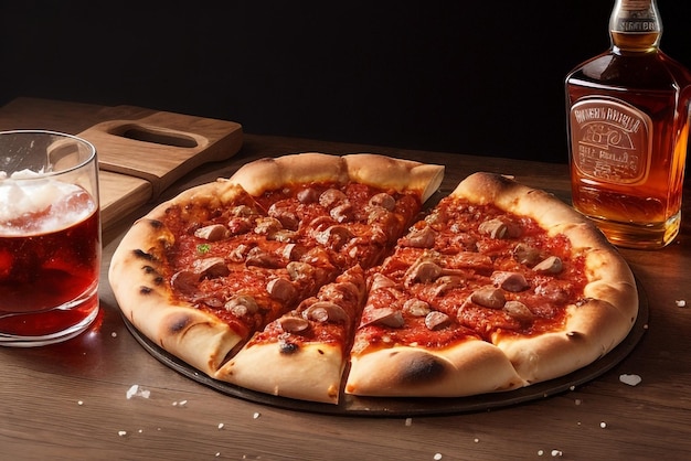 una deliciosa pizza de carne acompañada con un vaso de whisky con hielo