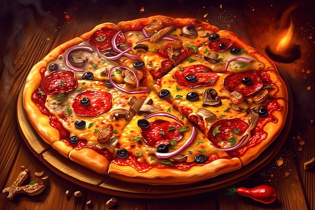 Deliciosa pizza com uma variedade de coberturas em uma mesa de madeira rústica criada com a tecnologia Generative AI