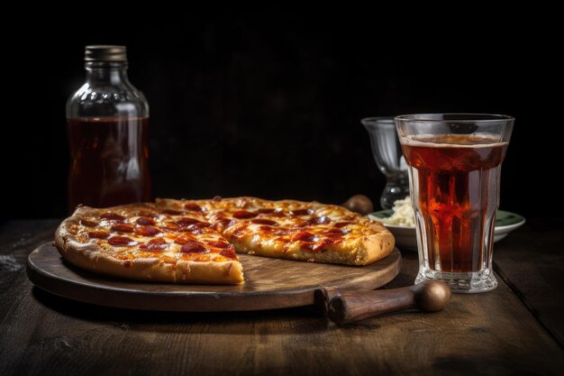 Deliciosa pizza com vidro de refrigerantes AI gerado