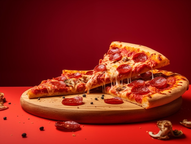 Foto deliciosa pizza de pepperoni em uma foto de estúdio de fundo vermelho