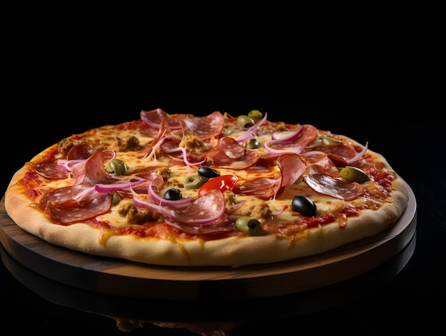 Foto deliciosa pizza en un elegante fondo negro