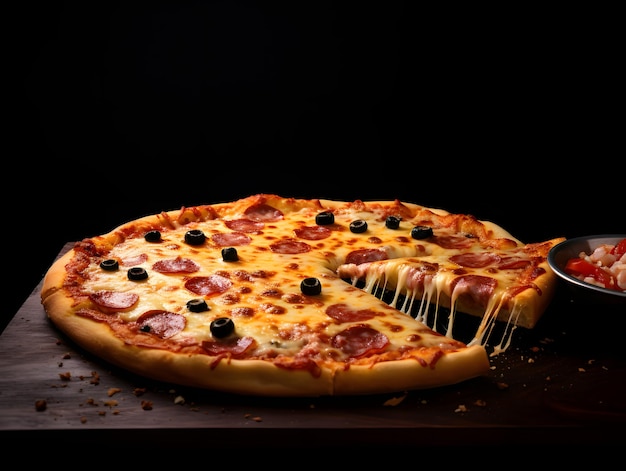 Foto deliciosa pizza en un elegante fondo negro