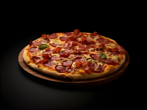 Foto deliciosa pizza en un elegante fondo negro