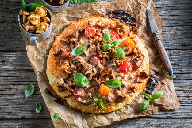 Deliciosa pizza feita de cogumelos nobres e tomates