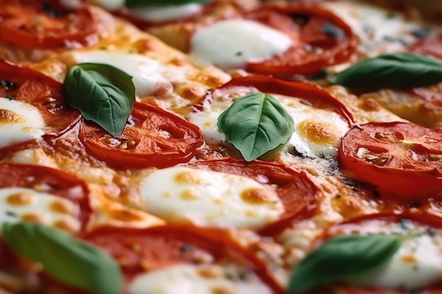 Deliciosa pizza fresca com tomates de queijo derretido e manjericão Fundo ou textura alimentar