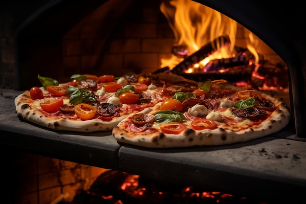 Deliciosa pizza italiana cocinada en un horno de madera con IA