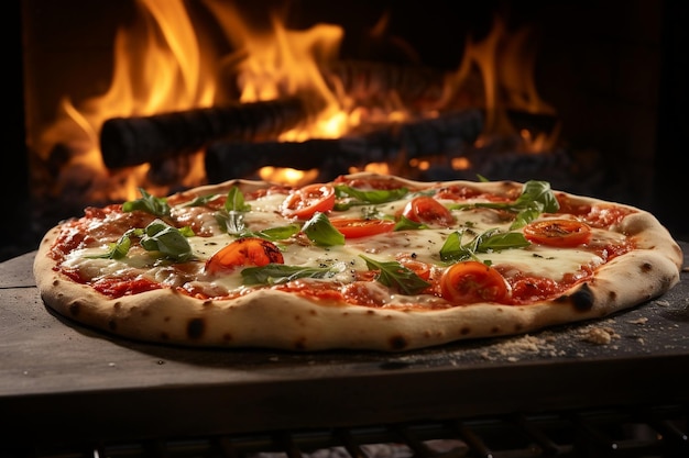 Deliciosa pizza italiana cozinhada num forno de madeira.