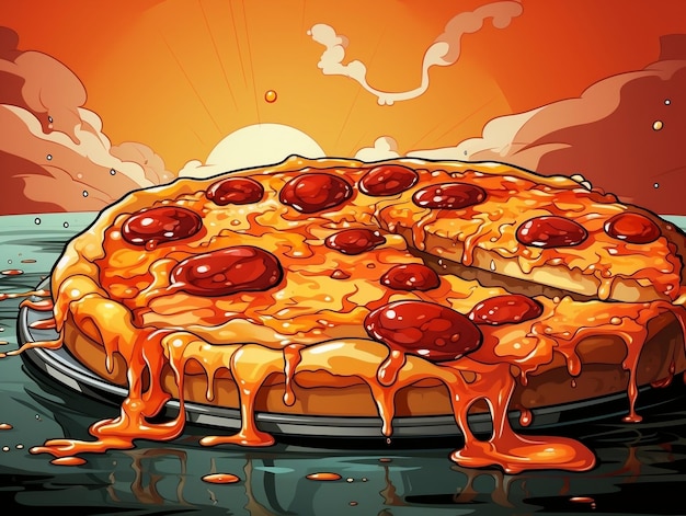 Foto deliciosa pizza italiana de pepperoni em estilo desenho animado com fundo de arte pop retro