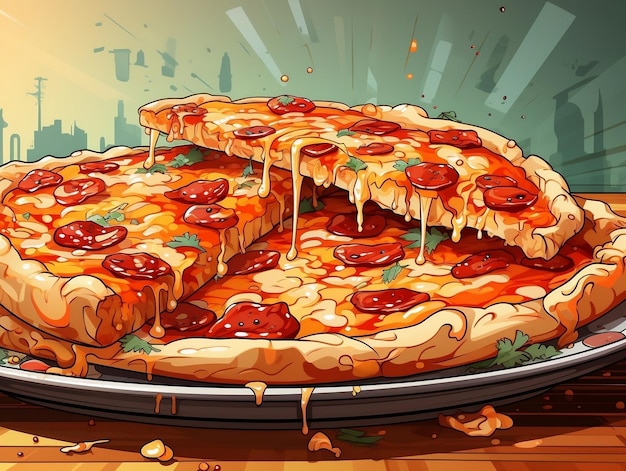 Deliciosa pizza italiana de pepperoni em estilo desenho animado com fundo de arte pop retro