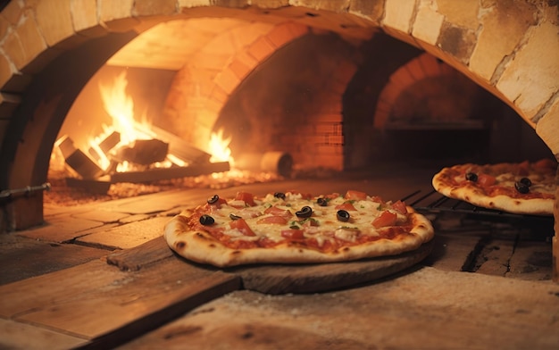 Deliciosa pizza italiana em forno de tijolos de mesa de madeira