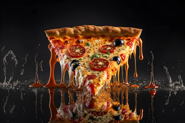 Deliciosa pizza italiana Fatia de pizza com queijo e legumes Queijo quente escorre pelas bordas de uma fatia de pizza ilustração 3d