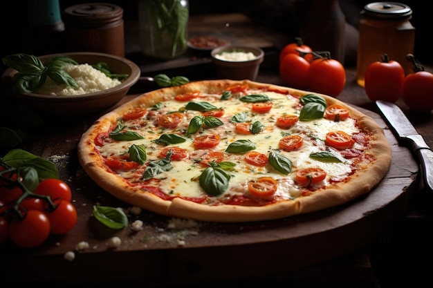 Foto deliciosa pizza italiana de mozzarella con tomates y albahaca junto a los ingredientes baja luz