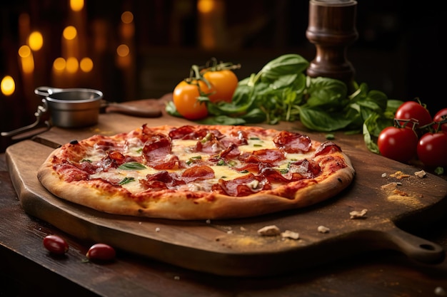 deliciosa pizza italiana en una tabla de madera fotografía de comida de estilo rústico